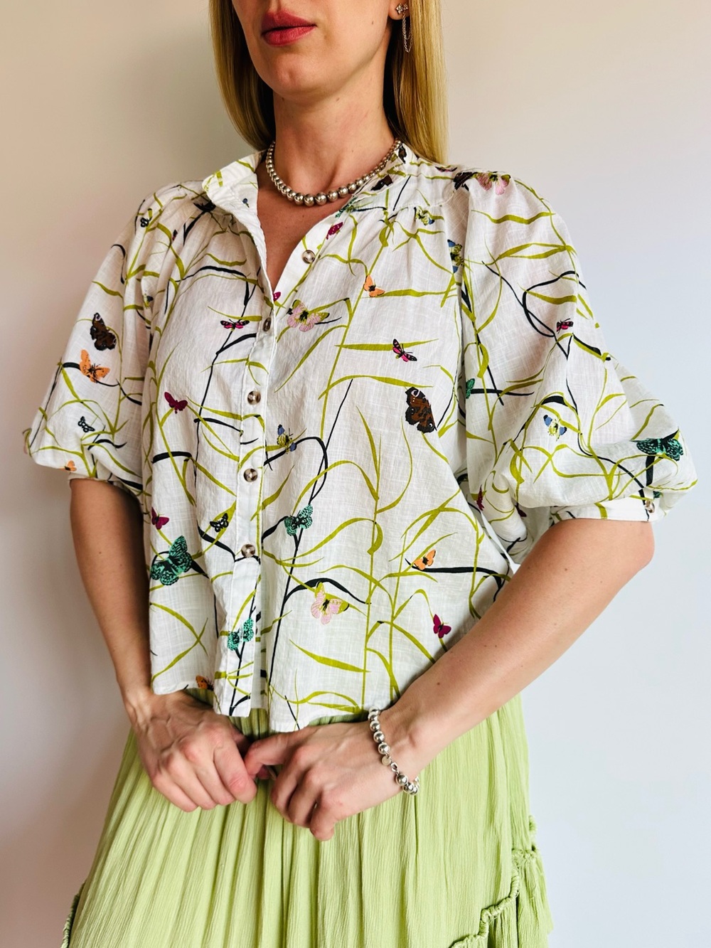 Anthropologie Maeve Butterfly Floral Boho Cotton Puff Sleeve Collared Blouse Top - Picture 3 of 10